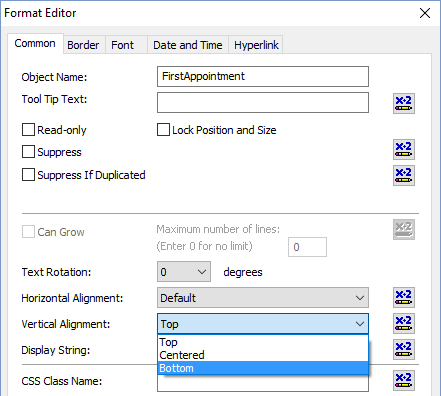 Format Editor showing Vertical Alignment option in Crystal Reports 2016